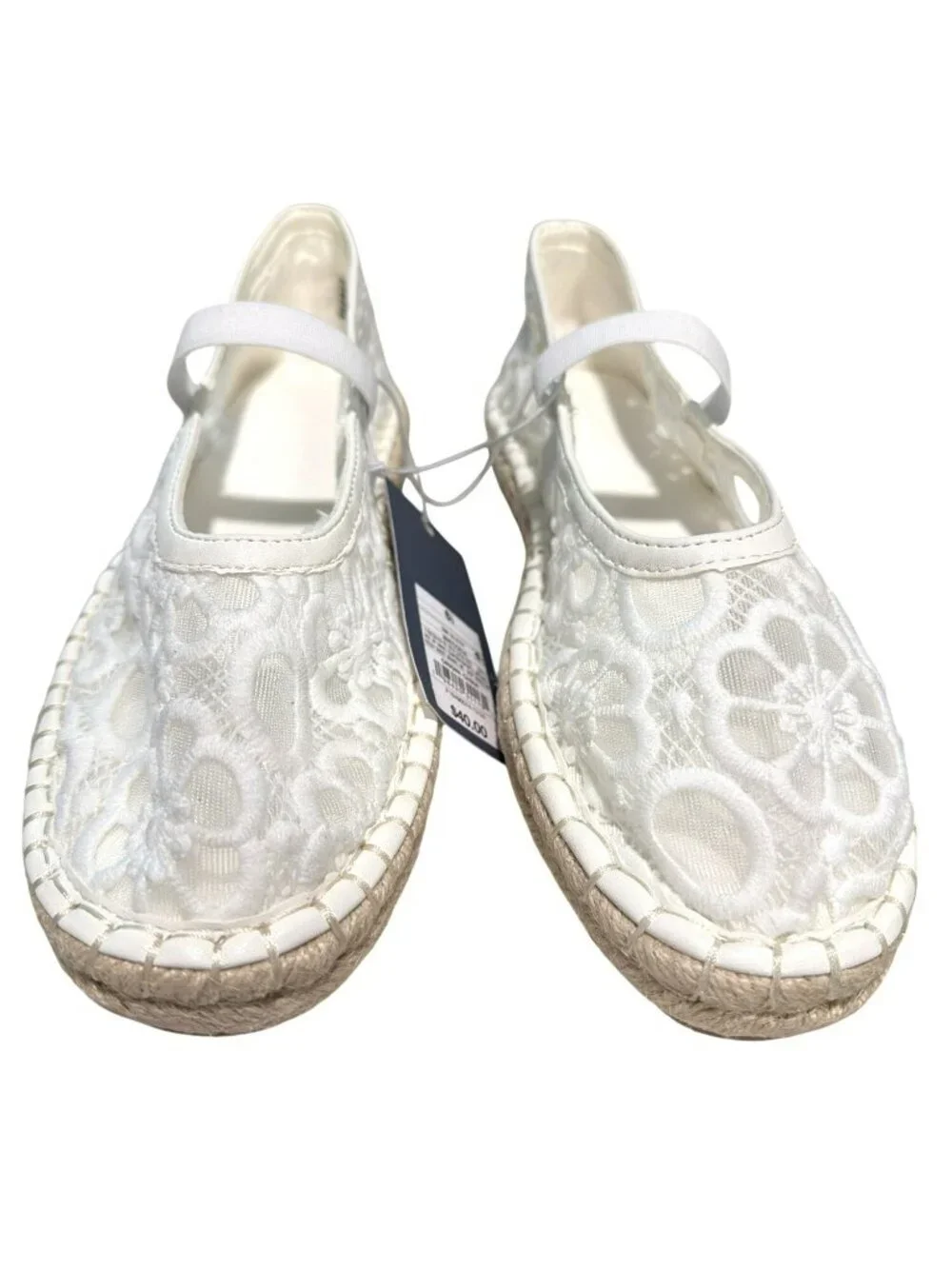 White Lace Espadrille Flats With Floral Embroidery & Elastic Strap Size 6.5
